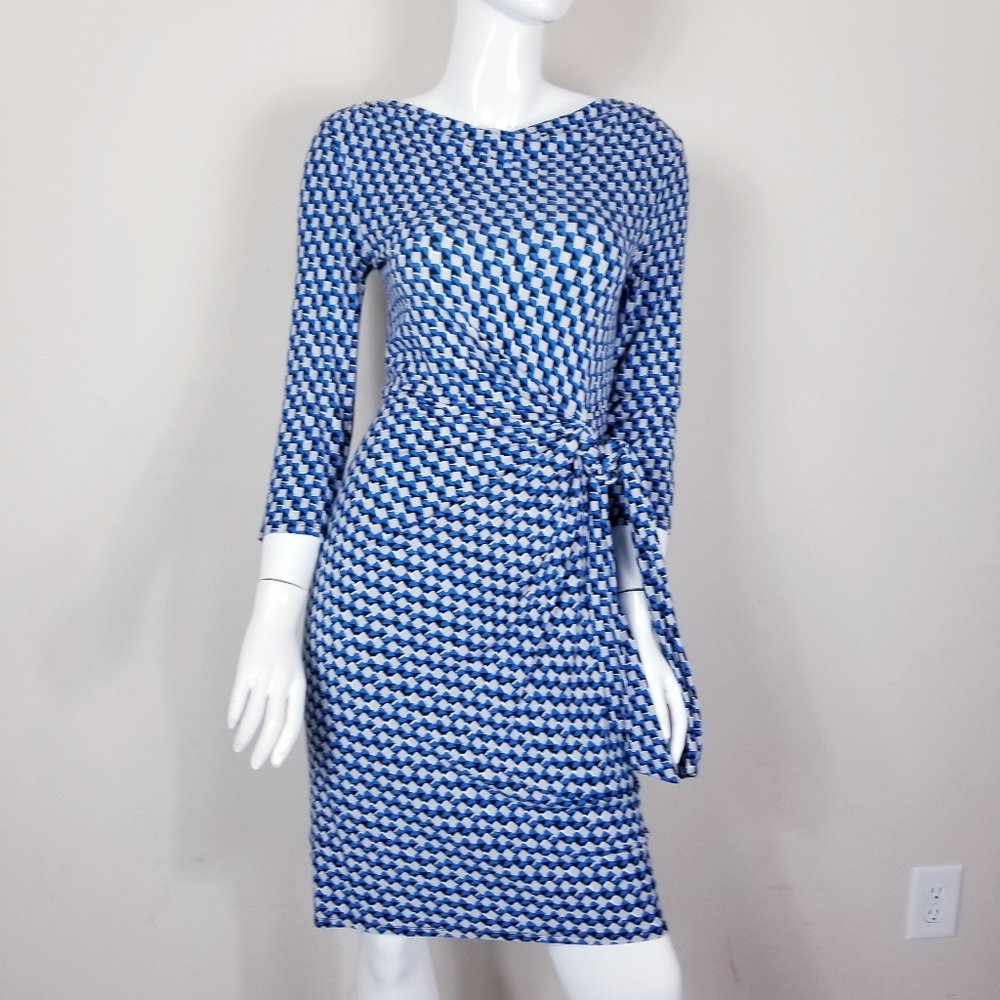 Ann Taylor Sheath Dress Geo Print Side Sz XS Blue
